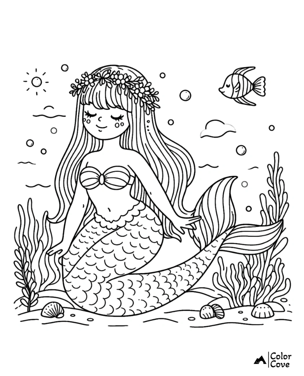 Mermaid coloring page with a whimsical underwater scene, fish, shells, and sea plants, perfect for kids to color.