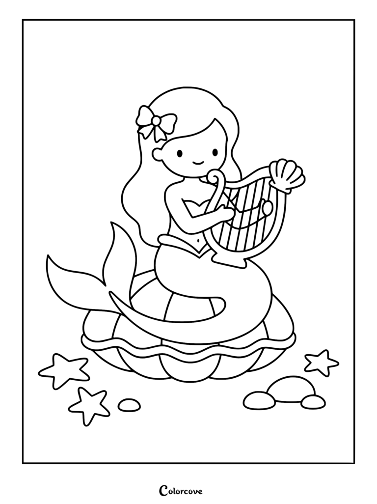 A cute mermaid with a bow in her hair sitting on a giant seashell and playing a harp, coloring page style.