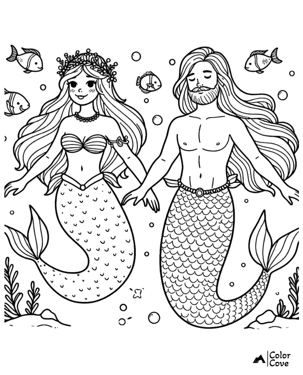 Mermaid and merman coloring page with underwater scene, fish, and sea plants. Printable coloring sheet for kids.