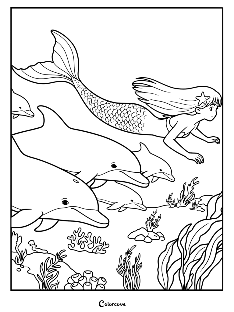 A mermaid with a starfish hair accessory swimming alongside a pod of dolphins in an underwater coral reef coloring page.