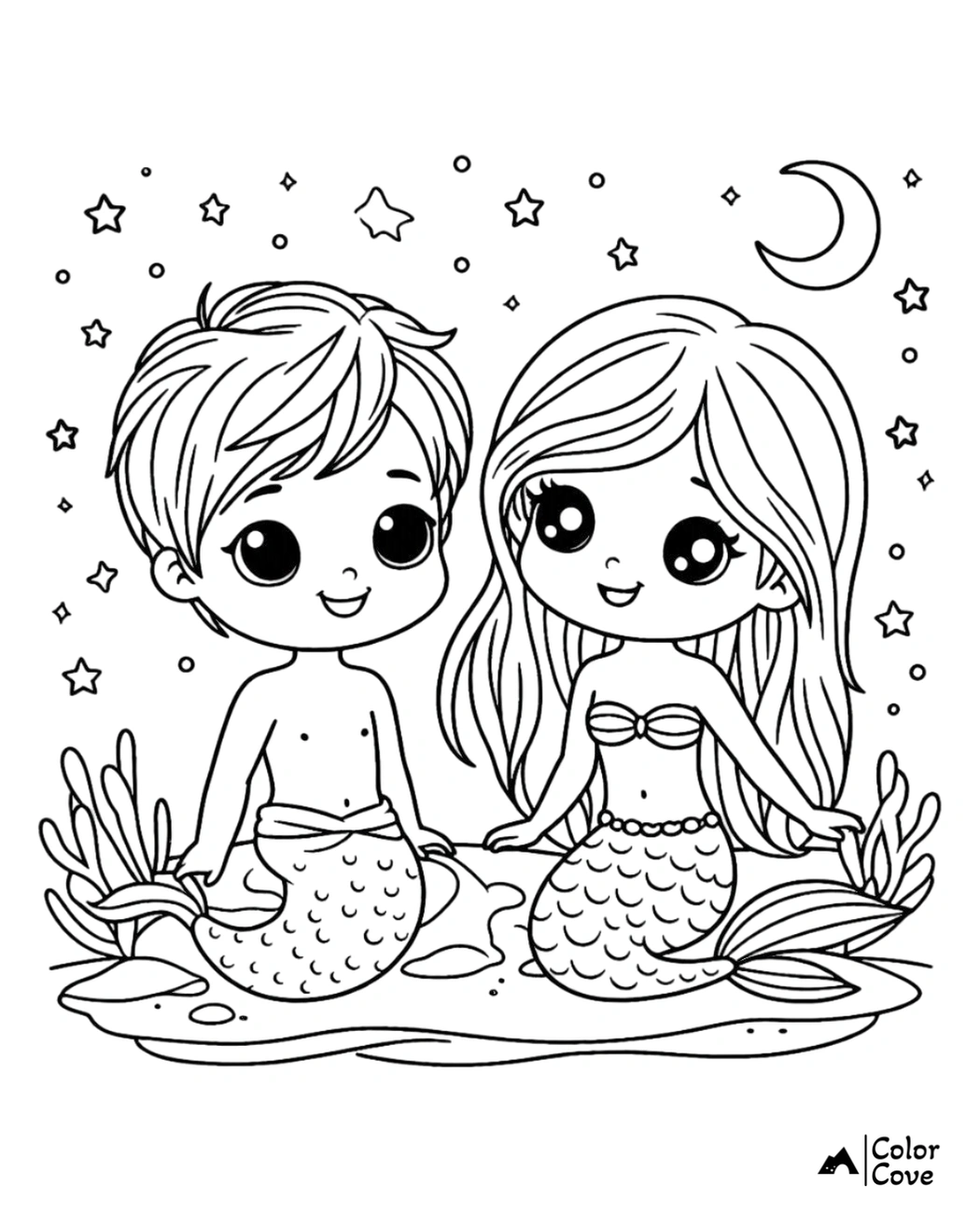 Cute mermaid couple coloring page with stars and a crescent moon backdrop, perfect for kids' imaginative coloring fun.