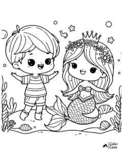 Cute coloring page with a boy and a mermaid in an underwater scene; perfect for kids' coloring fun.