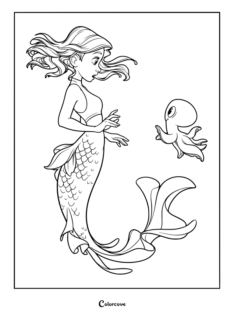 A mermaid with flowing hair looking at a small baby octopus in this printable coloring page.