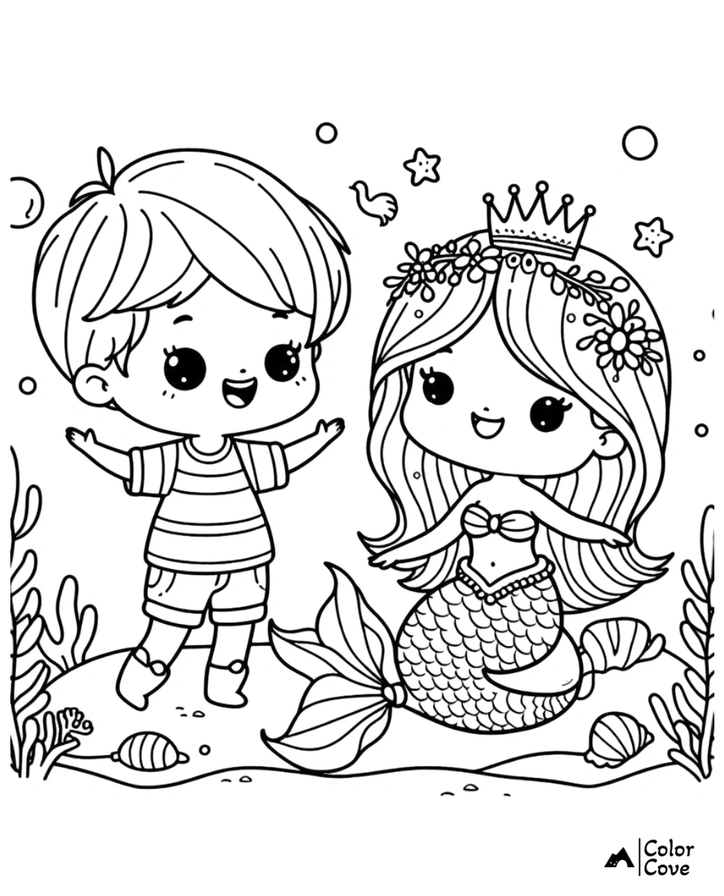 Cute coloring page with a boy and a mermaid in an underwater scene; perfect for kids' coloring fun.