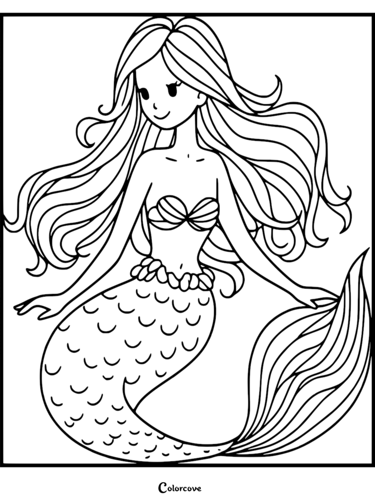 A printable mermaid coloring page featuring a smiling mermaid with long flowing hair and a shell-patterned tail.