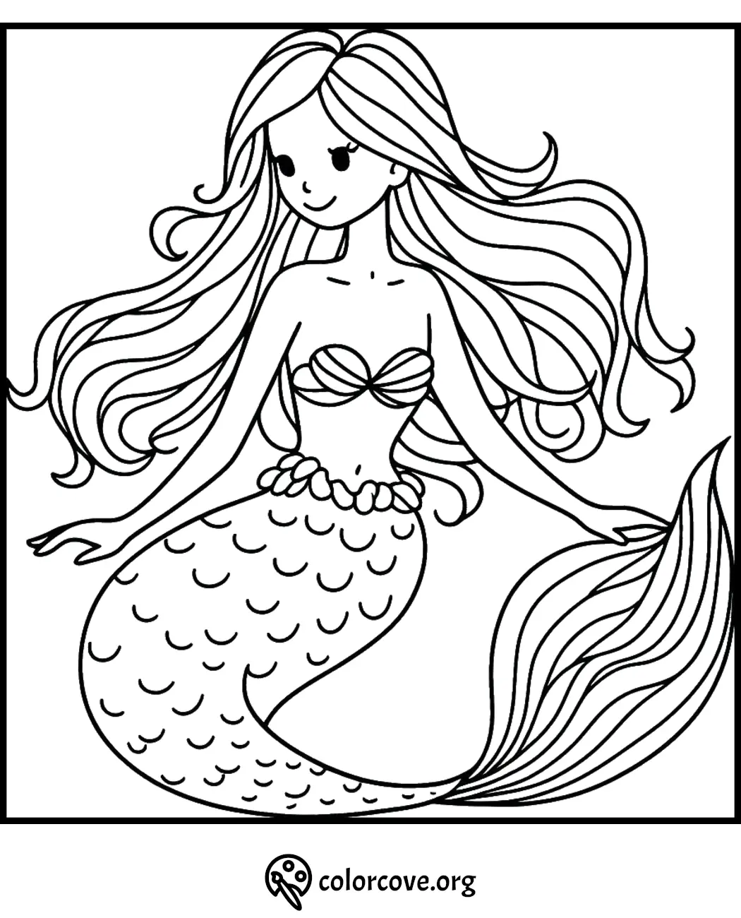 Mermaid coloring page with flowing hair and detailed tail. Perfect for kids to add their creative touch.