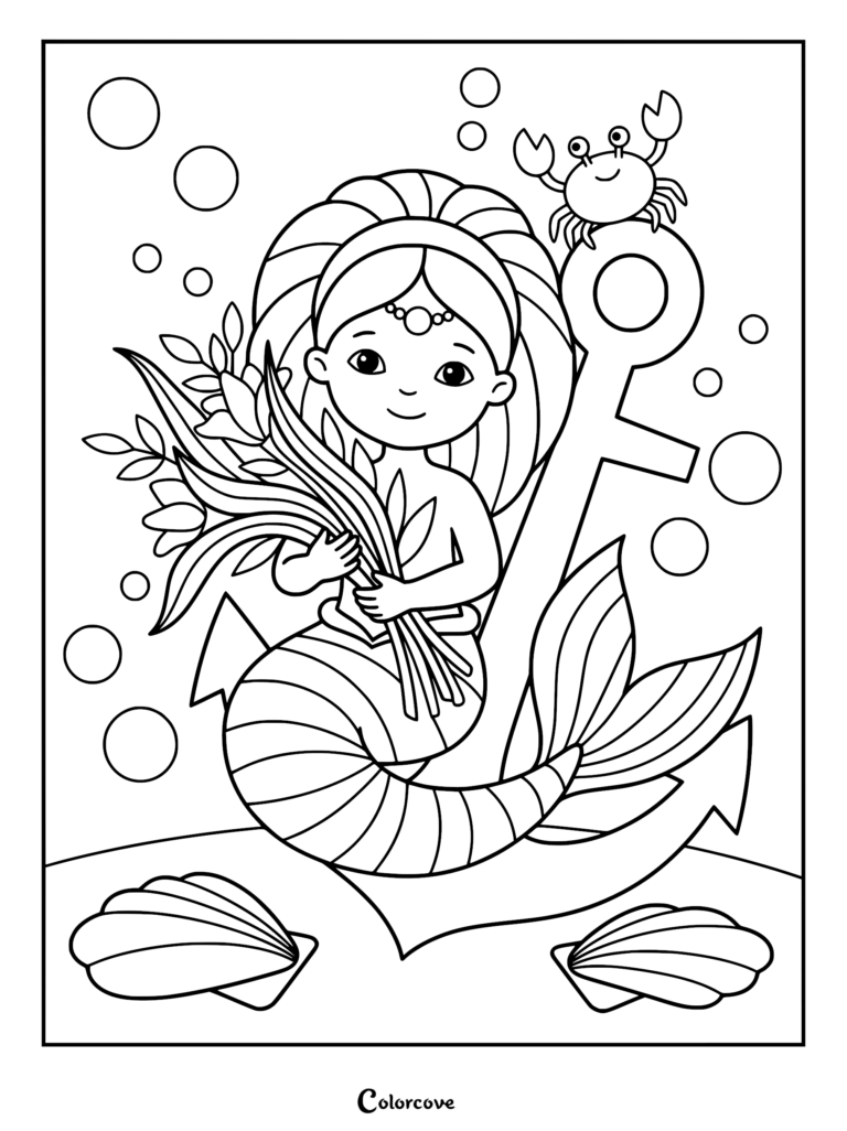A cute mermaid holding a bouquet of flowers while sitting on an anchor with a small crab on top in this printable coloring page.