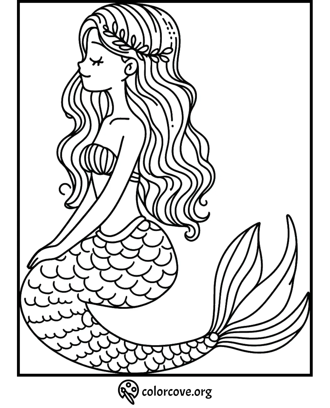 Mermaid Coloring Page: Printable artwork of a beautiful mermaid with long hair and scales, perfect for kids and adults.