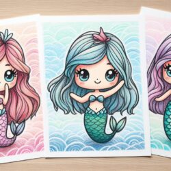 Cute mermaid coloring pages for kids featuring three adorable mermaids with colorful tails and wavy hair.