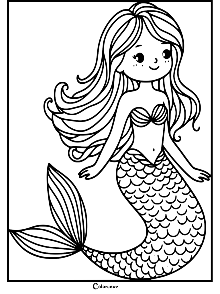 A cute mermaid with long flowing hair and a detailed scale tail in this free printable coloring page.