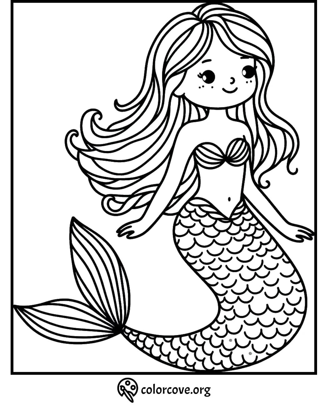 Cute mermaid coloring page with intricate scales and flowing hair for kids to color and enjoy from colorcove.org.