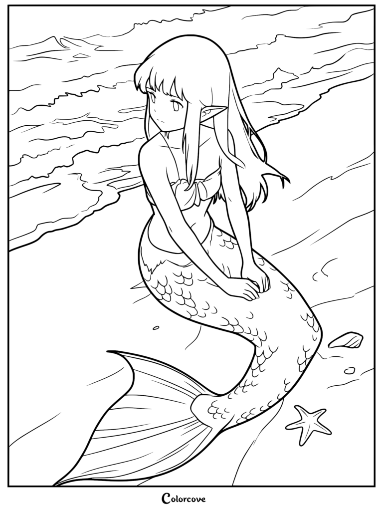Anime style mermaid with long hair sitting on the sandy shore near ocean waves, coloring page featuring a starfish and seashell.