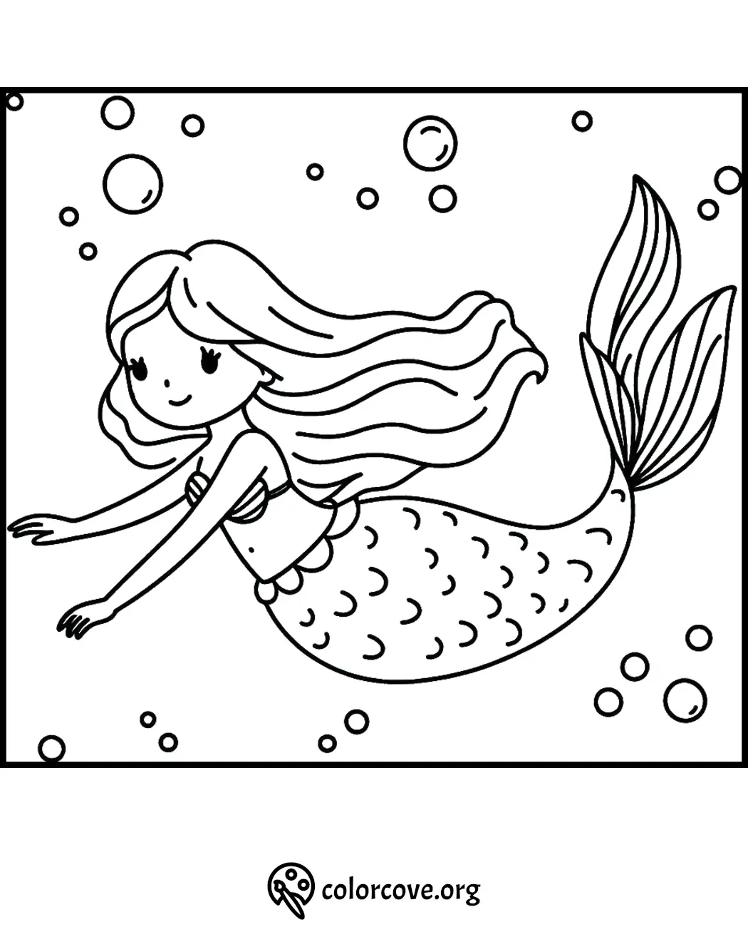 Cute mermaid coloring page with bubbles, perfect for kids. Printable mermaid drawing for children to color. Colorcove.org.