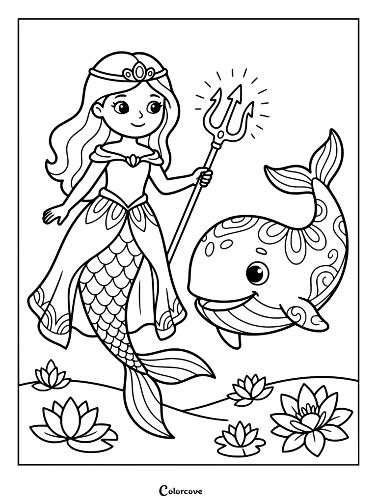 A mermaid princess wearing a crown and holding a glowing trident next to a patterned whale in this printable coloring page.