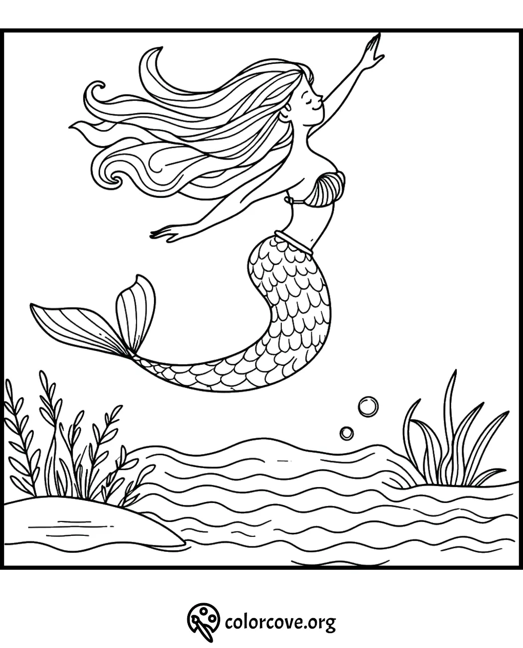 Mermaid coloring page with long flowing hair and a tail, underwater scene with plants and bubbles - ColorCove.org.