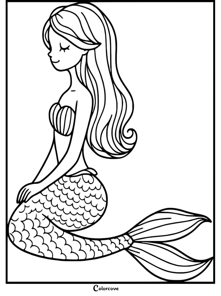 A printable mermaid coloring page featuring a side profile of a mermaid with long flowing hair and a detailed scale tail.