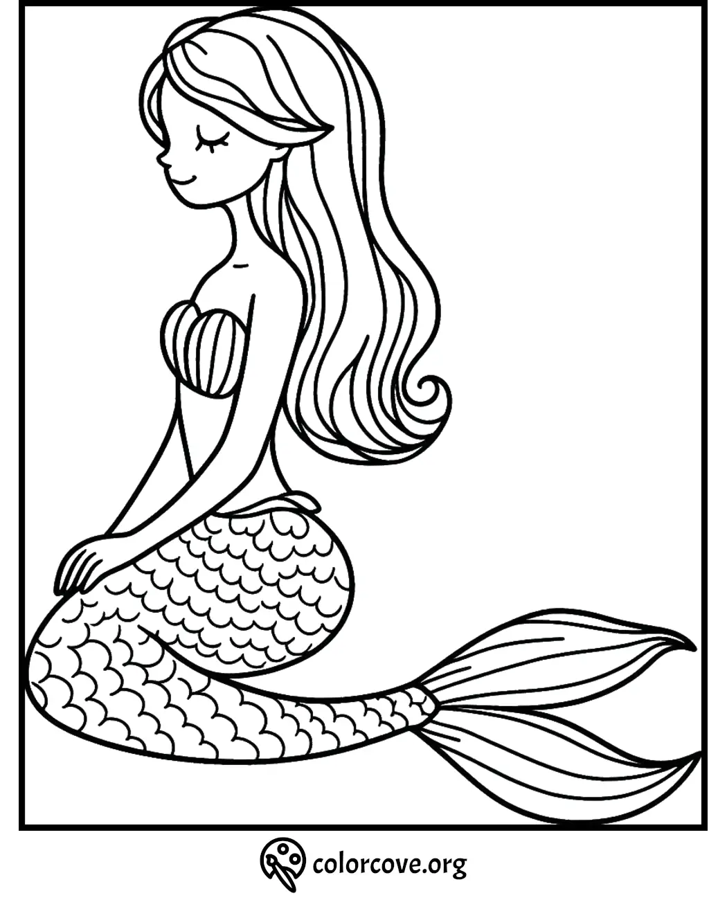 Mermaid coloring page for kids and adults featuring a serene mermaid sitting with long flowing hair and a scaly tail.