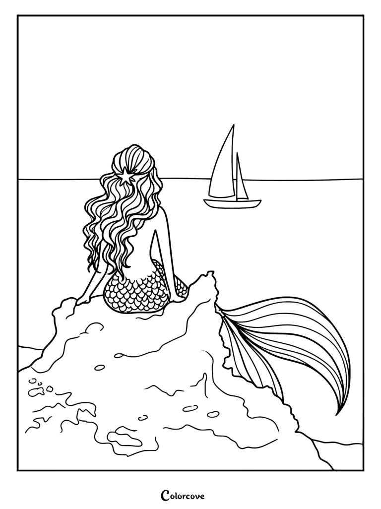 A mermaid with long wavy hair and a starfish accessory sitting on a rock, looking at a sailboat in the distance, coloring page.