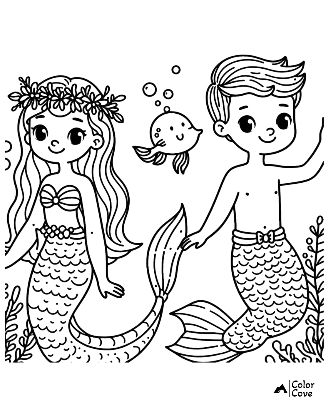 Cute mermaid and merman coloring page with an adorable fish, under-the-sea theme, perfect for kids.