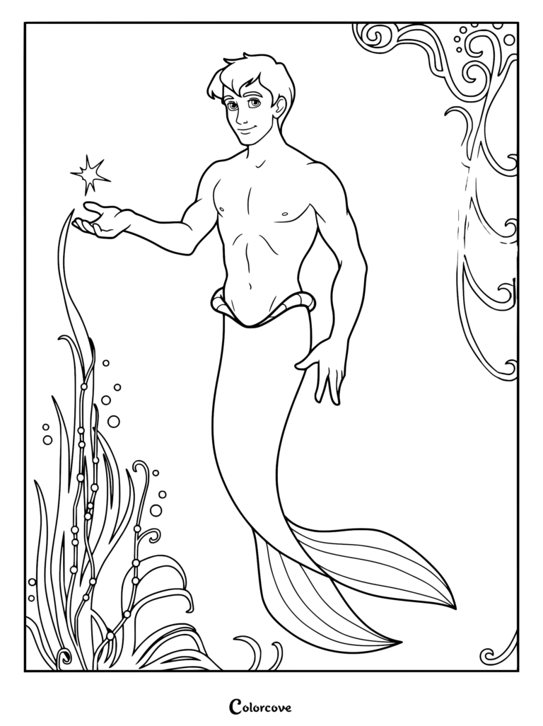 Prince Eric transformed into a merman with a long tail, reaching toward a sparkling star in an underwater scene, printable coloring page.