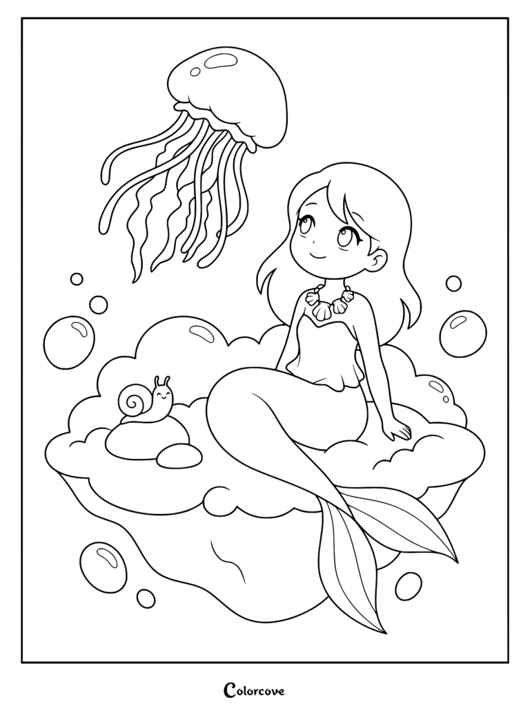 A cute mermaid wearing a seashell necklace sitting on a large shell with a small snail, looking up at a floating jellyfish in this printable coloring page.