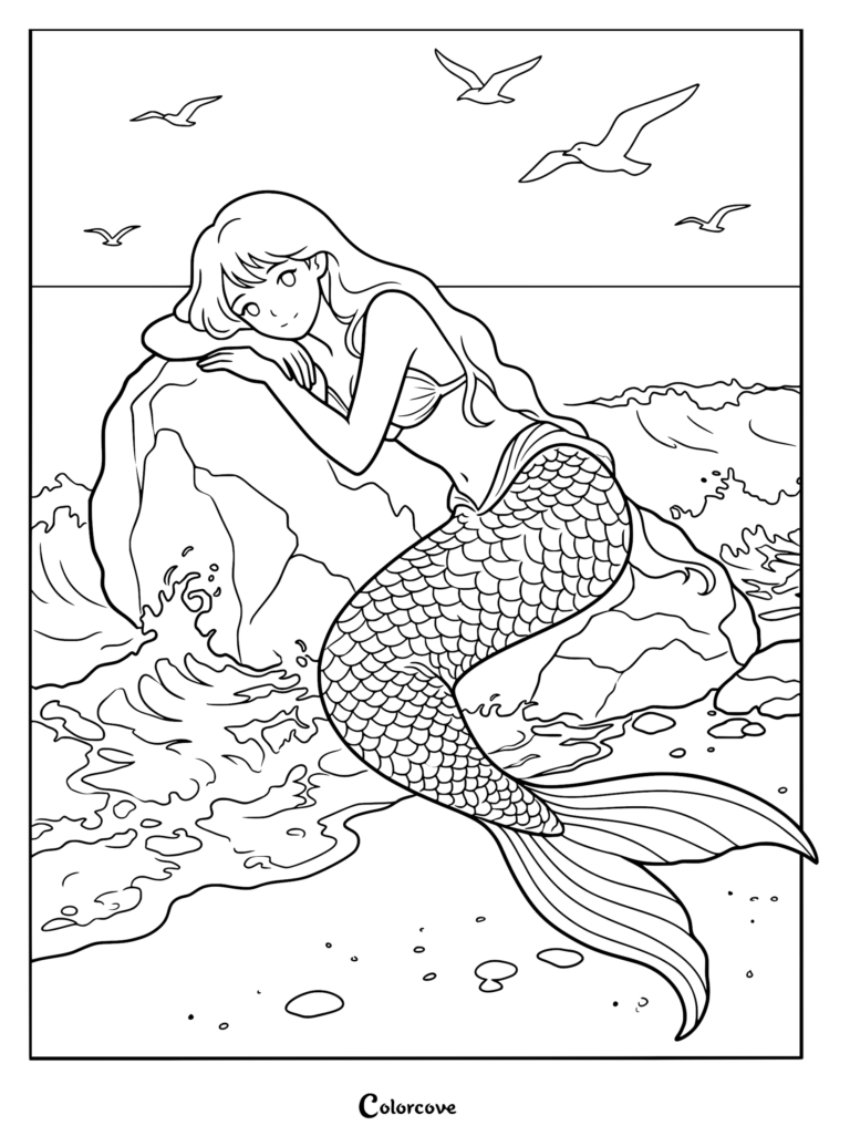 A mermaid with long flowing hair resting her head on a large rock by the ocean with seagulls flying above in this printable coloring page.