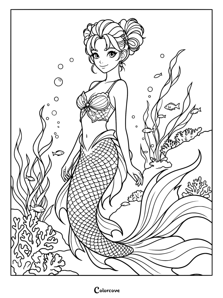 A detailed coloring page featuring a beautiful mermaid with hair styled in double buns, wearing a seashell top, swimming among coral and small fish.