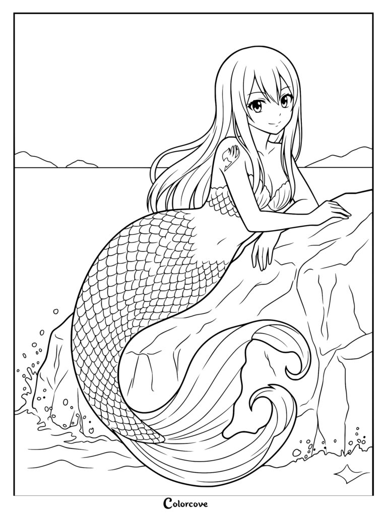 Lucy Heartfilia from Fairy Tail as a mermaid resting on a rock, line art coloring page.