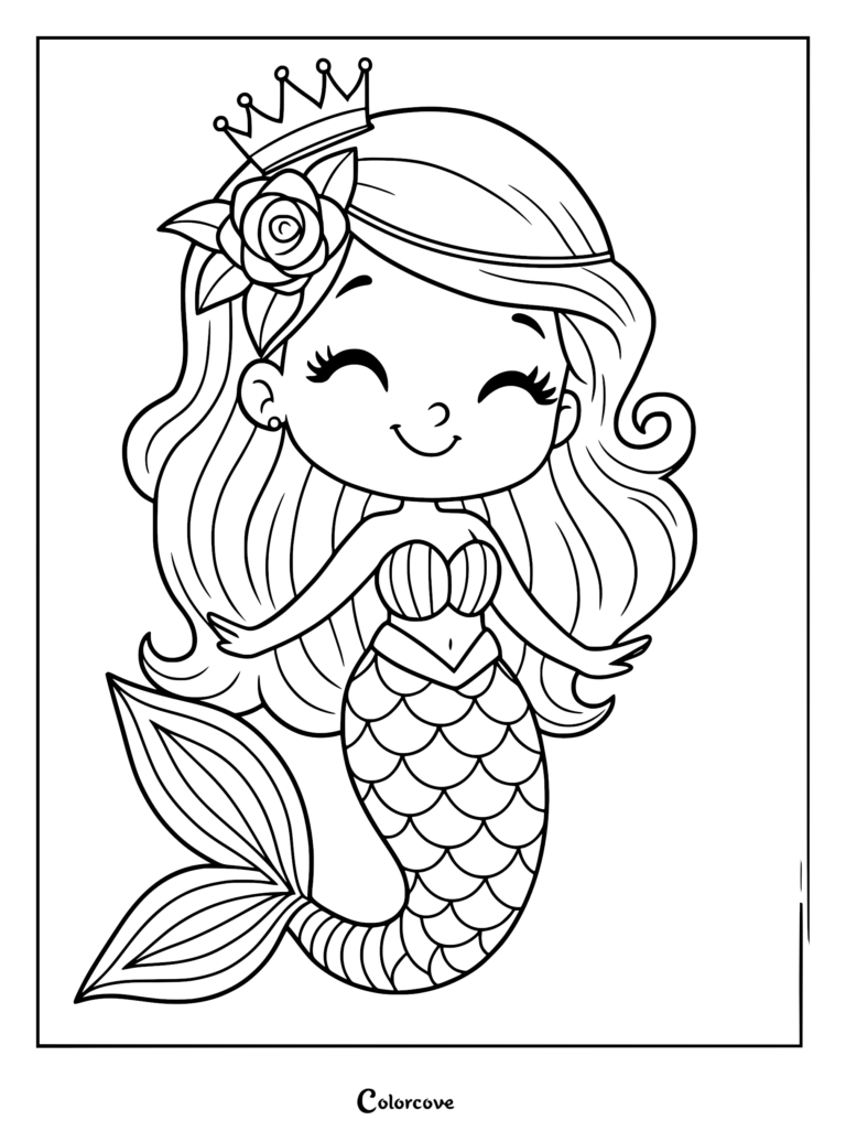 smiling mermaid princess wearing a crown and rose.