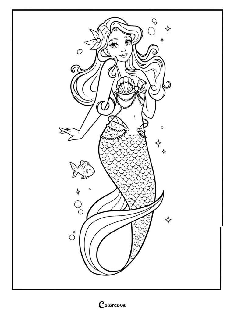A lovely mermaid princess with long flowing hair, a shell top, and pearl necklace in this detailed coloring page.