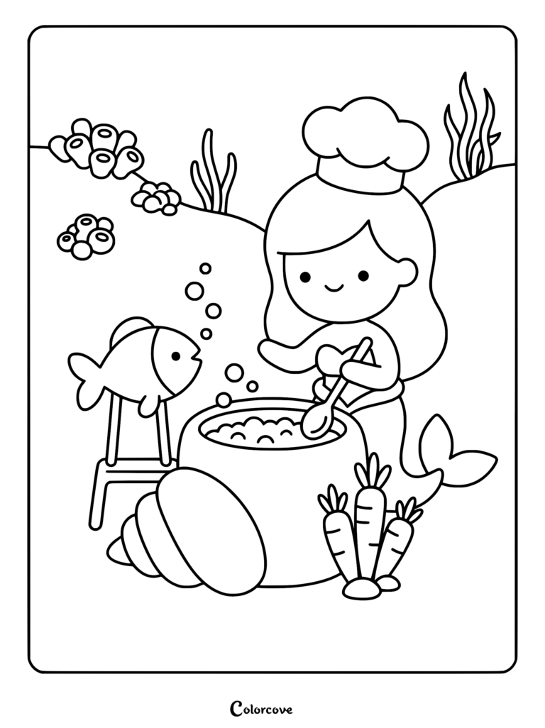 A cute mermaid chef wearing a hat stirring a large seashell pot with a fish watching, coloring page style line art.