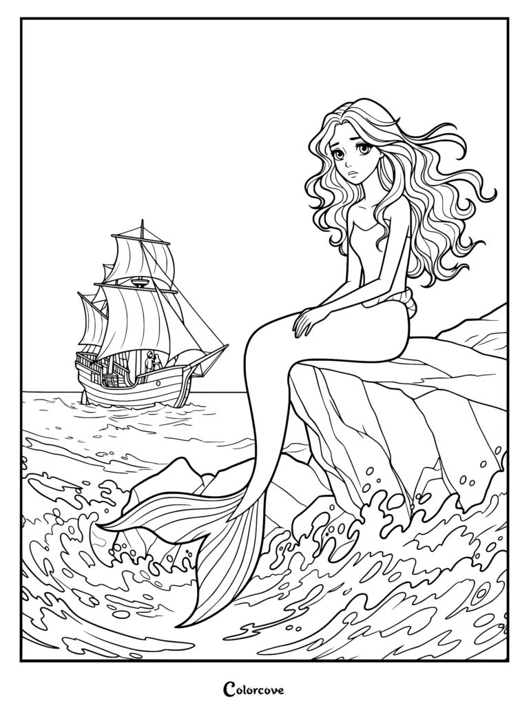 A mermaid princess sitting on a rock watching a sailing ship in the distance, printable mermaid coloring page.