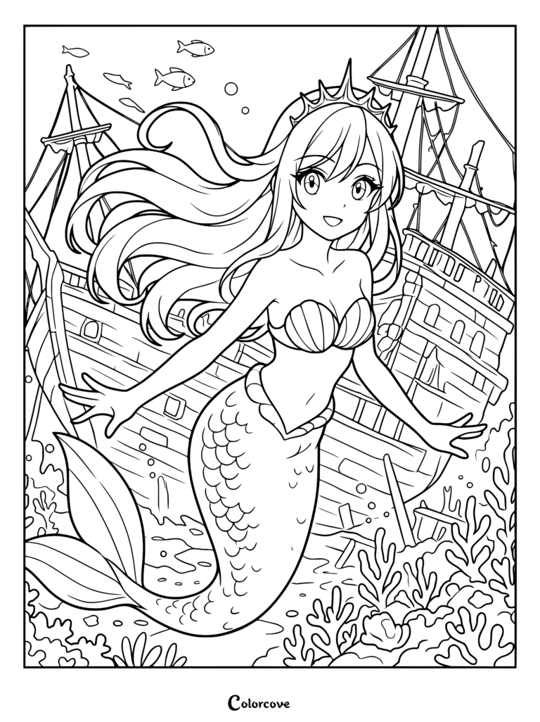 Anime style mermaid with a crown swimming in front of a sunken wooden ship, coral reef, and small fish in this coloring page.