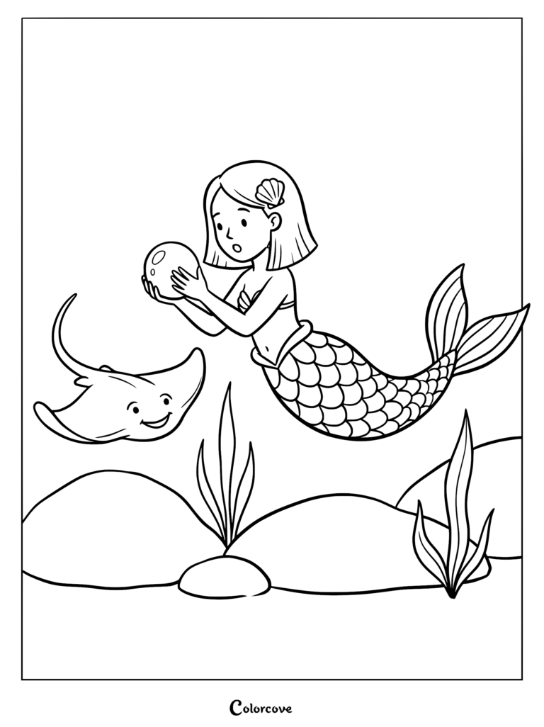 Mermaid with short hair and a seashell accessory holding a pearl near a smiling stingray in this printable coloring page.