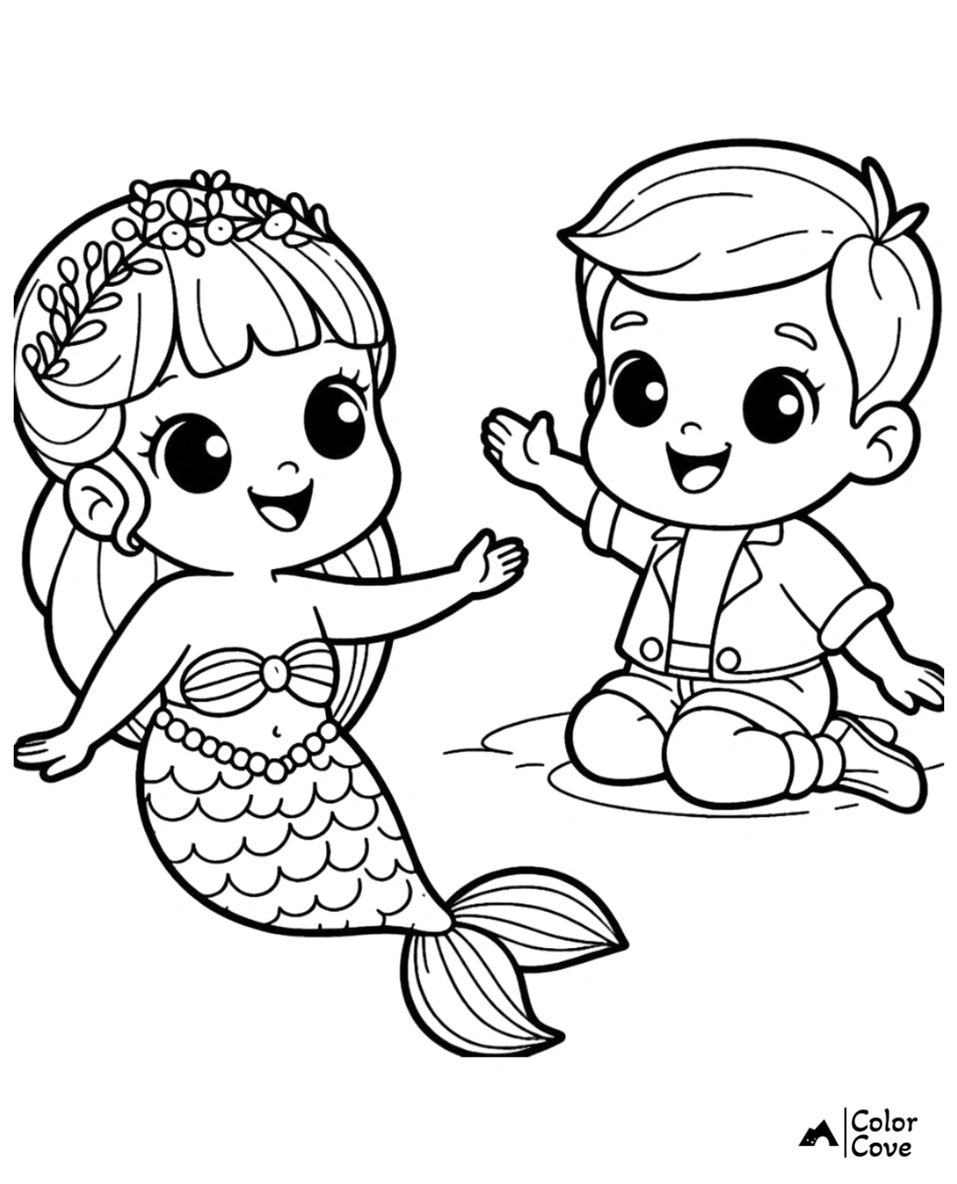 Cute mermaid and boy coloring page for kids, featuring an underwater theme with playful characters to color.