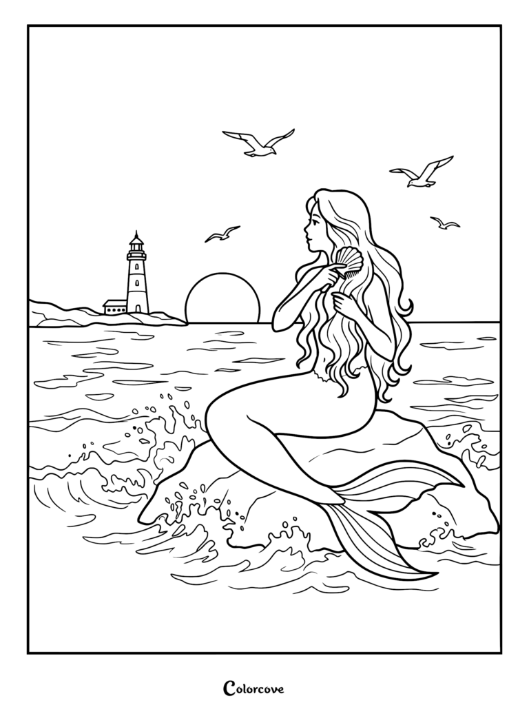 A mermaid sitting on a rock in the ocean brushing her long hair with a shell, with a lighthouse and sunset in the background, presented as a printable coloring page.