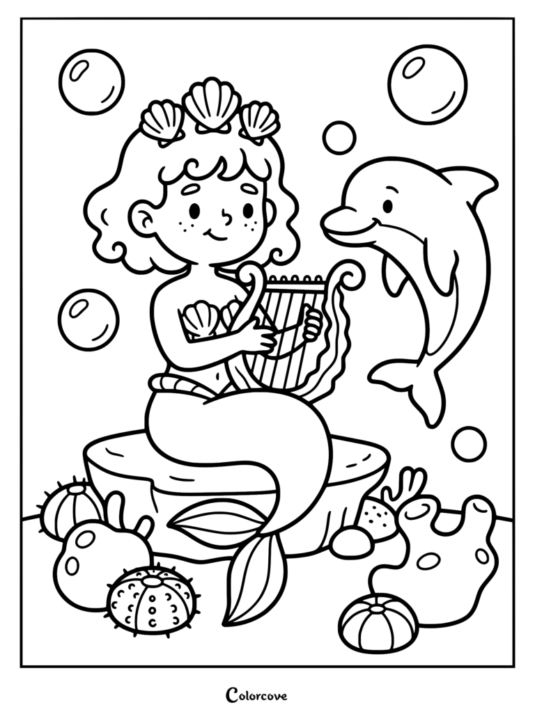A cute mermaid with a seashell crown playing a harp on a rock next to a friendly dolphin in this printable coloring page.