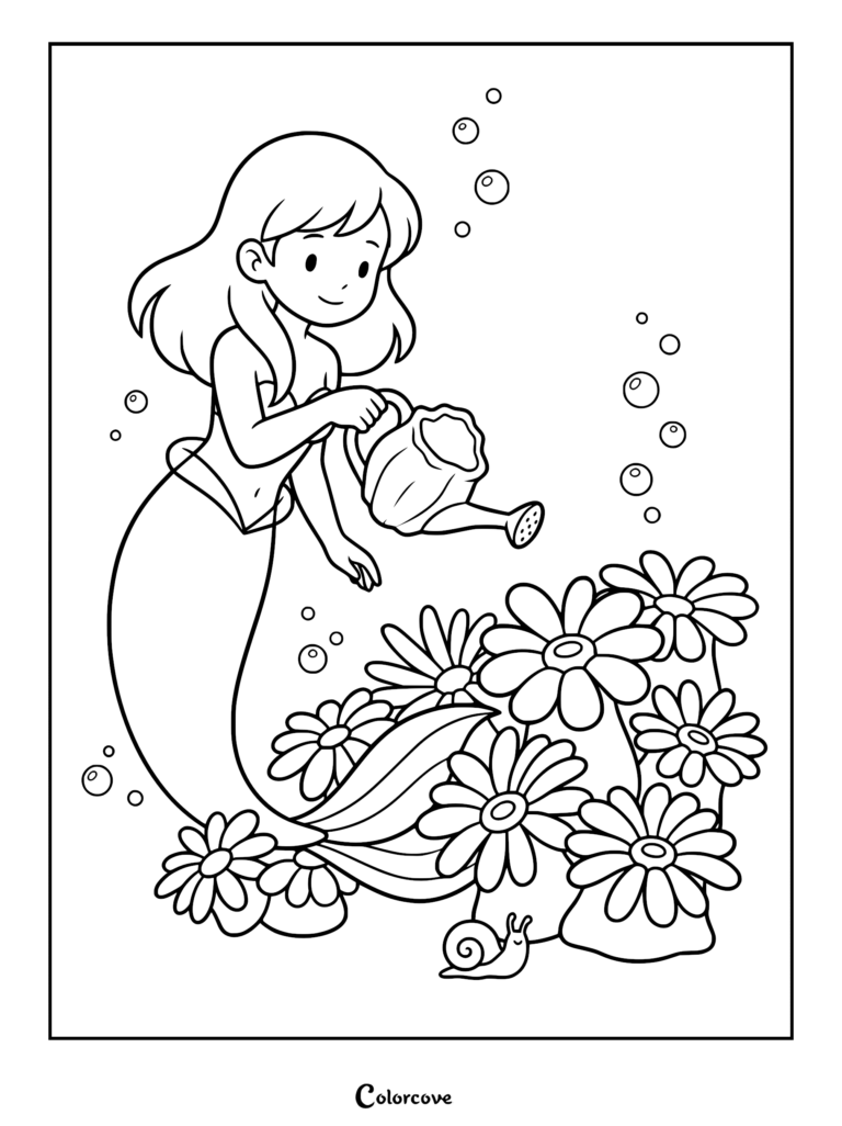 A cute mermaid holding a watering can to nourish underwater flowers in this printable coloring page.