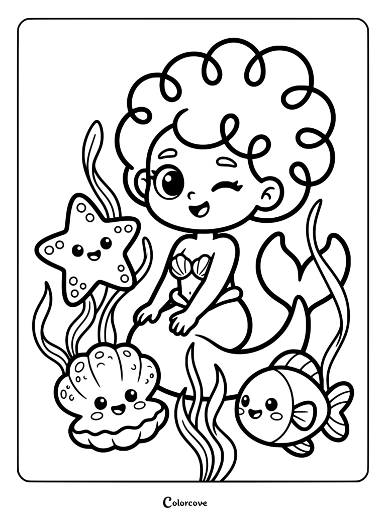 A winking mermaid with curly hair surrounded by a smiling starfish, a clam, and a small fish in this printable coloring page.