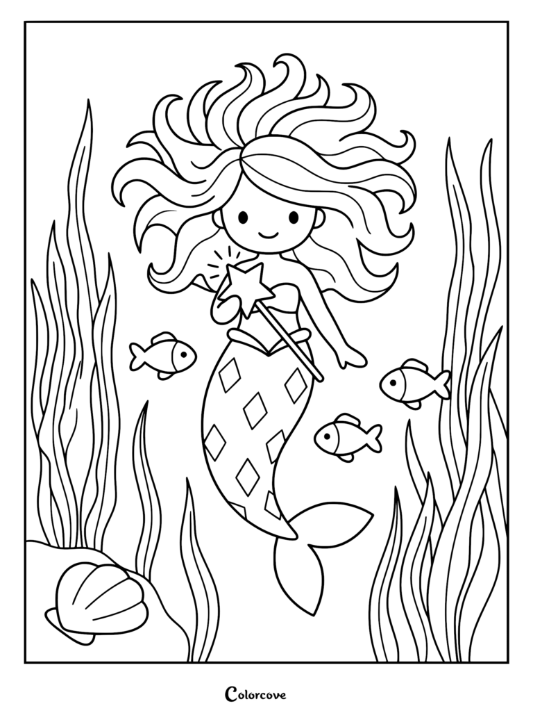 A cute mermaid holding a star-shaped magic wand surrounded by fish and seaweed in this printable coloring page.