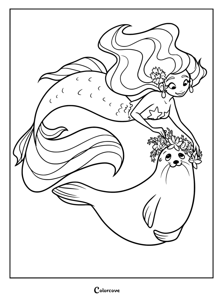 Mermaid with long flowing hair and star top placing a floral wreath on a cute seal, printable coloring page.