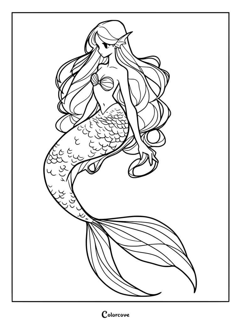 A printable coloring page featuring an elegant mermaid with long flowing hair and a detailed scale tail.