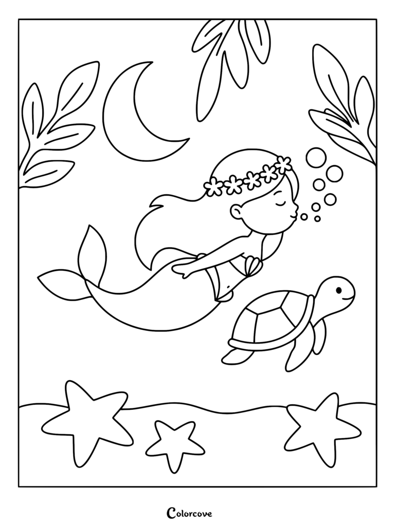 A mermaid wearing a flower crown blowing bubbles next to a sea turtle in this printable coloring page featuring starfish and a crescent moon.