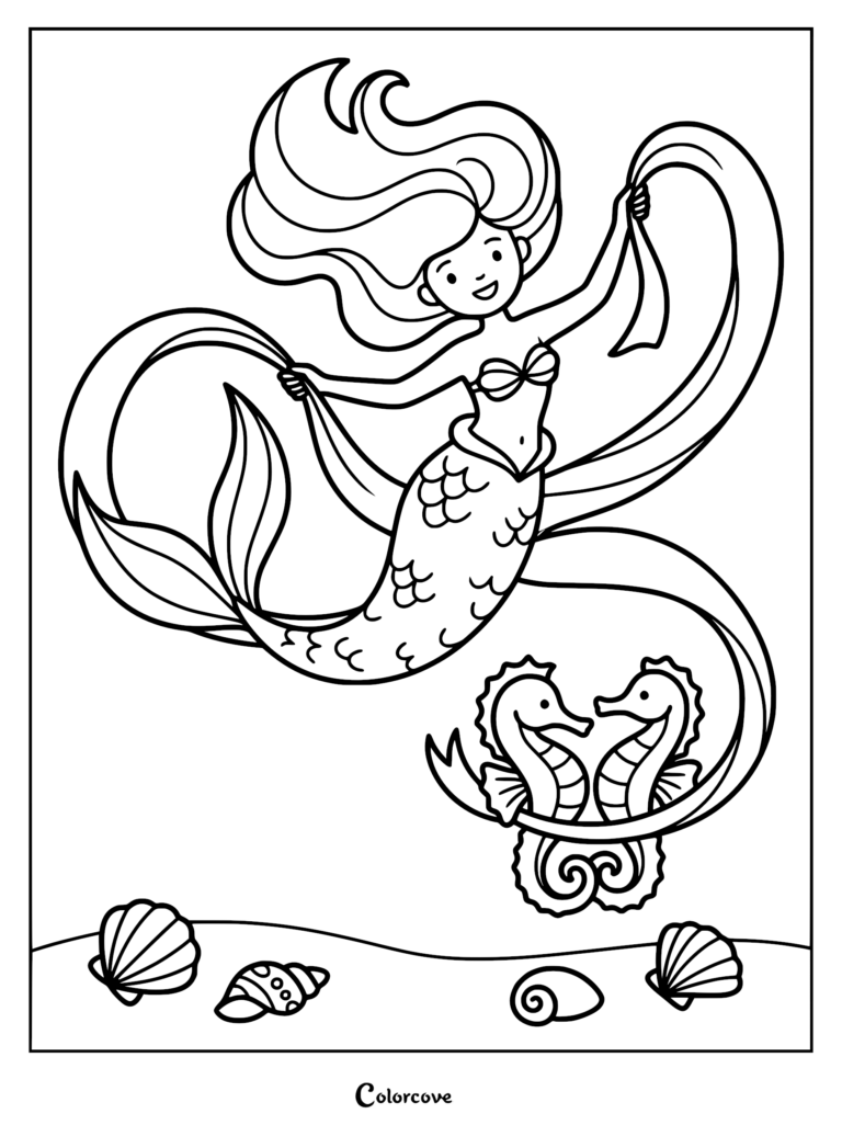 A mermaid swimming with two seahorses and seashells on the ocean floor in this printable coloring page.