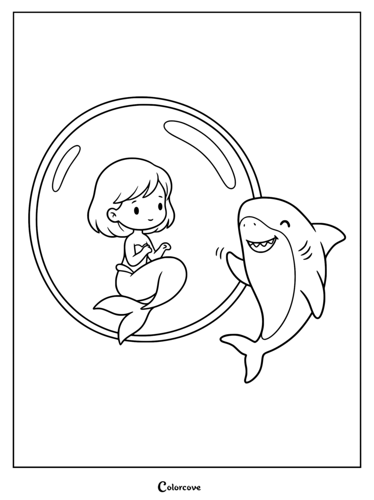 A cute chibi mermaid sitting inside a large transparent bubble waving at a smiling shark in this printable coloring page.