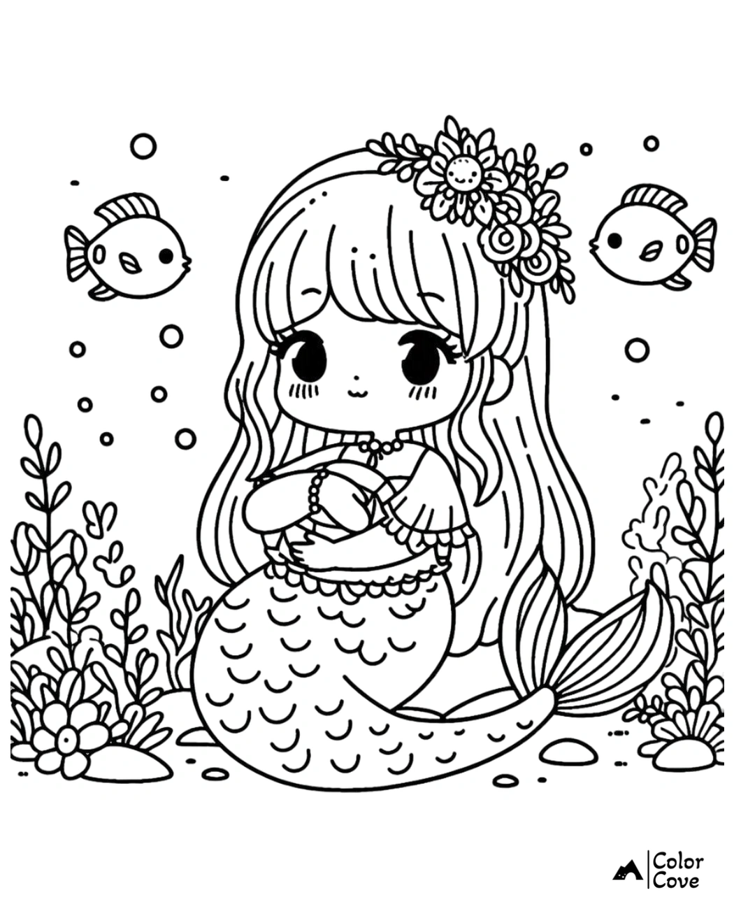 Adorable mermaid coloring page with underwater plants and fish. Perfect for children to color and enjoy.