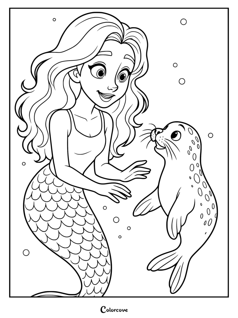 A mermaid with long wavy hair smiling at a spotted seal in this printable coloring page.