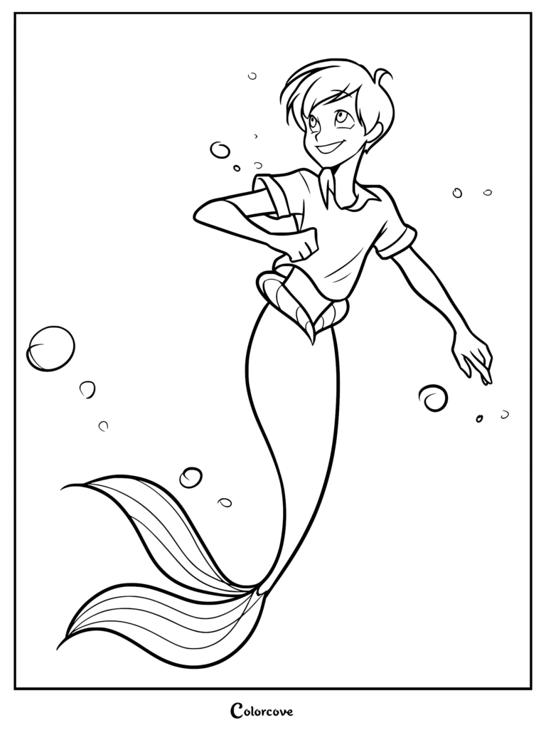 Prince Eric as a merman swimming underwater in this printable coloring page with bubbles surrounding him.