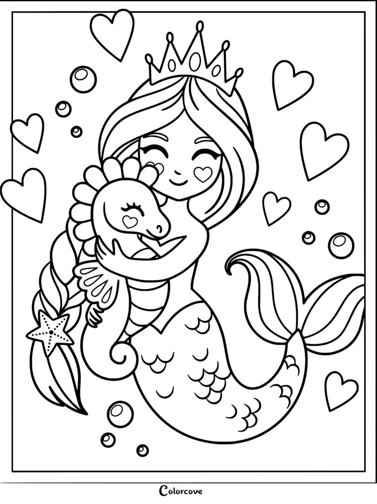 A cute mermaid princess wearing a crown hugging a seahorse in this printable coloring page surrounded by floating hearts and bubbles.
