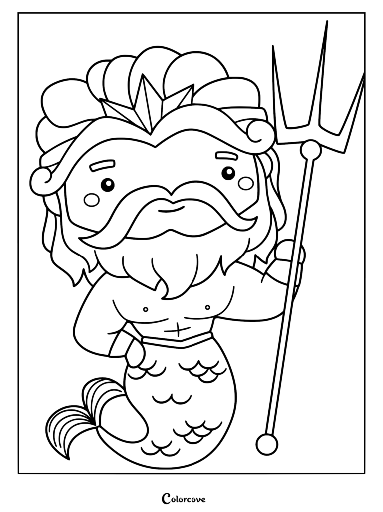 A cute chibi mermaid king holding a trident, with a long beard and crown.